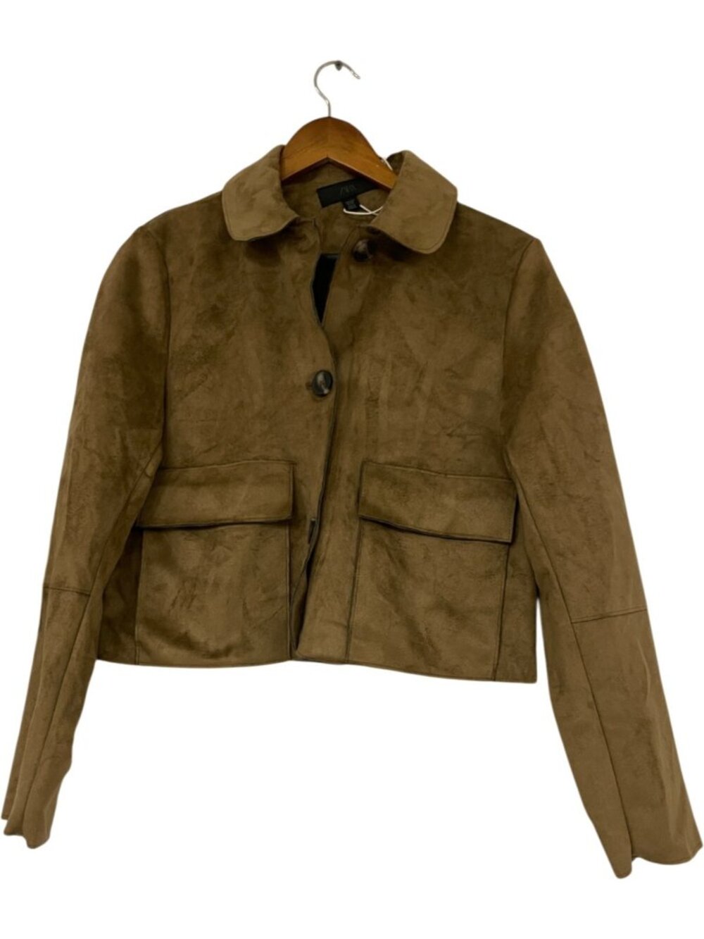 Zara Womens Cropped Faux Suede Jacket S Brown Khaki Button Front 4968/224 NWT - Picture 3 of 12